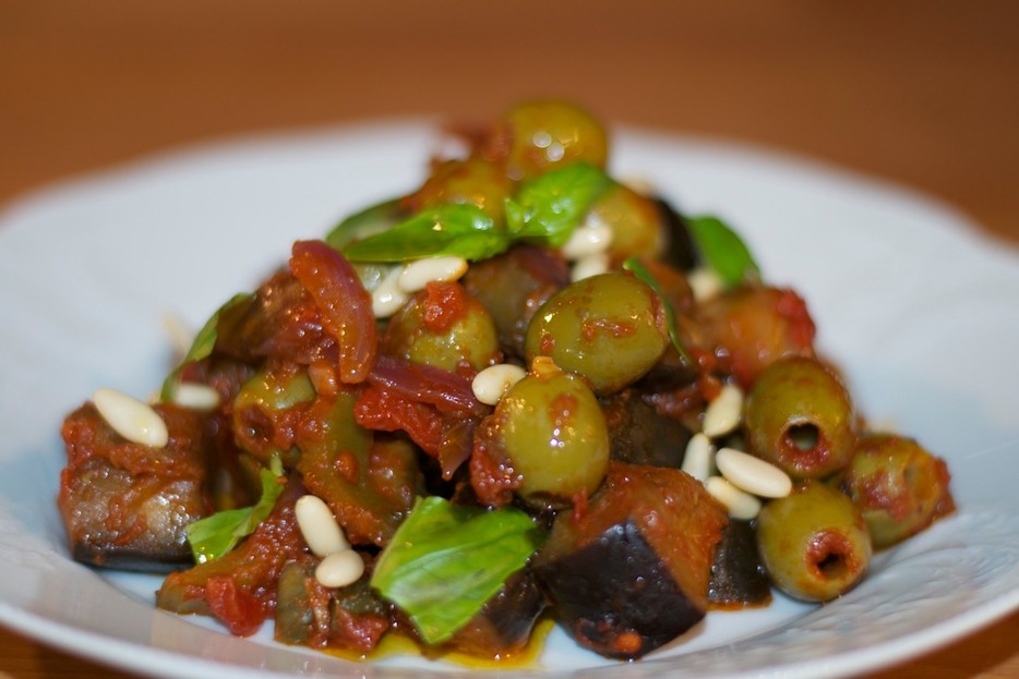 sicilian,caponata,eggplant,green,olives,celery.pine,nuts,italian,food,recipe,